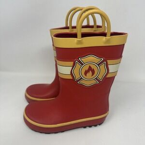 Little Kid/ Toddler Fireman Rain boots Size 9  Red Yellow Fire Logo